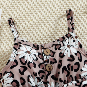 02 High Waist Sleeveless Jumpsuit with Belt Leopard Print Floral Kids Baby Girls Playsuit