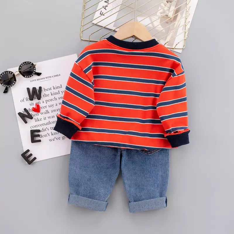 1C Winter new children's clothing children's round neck striped T-shirt casual denim pants suit toddler clothes
