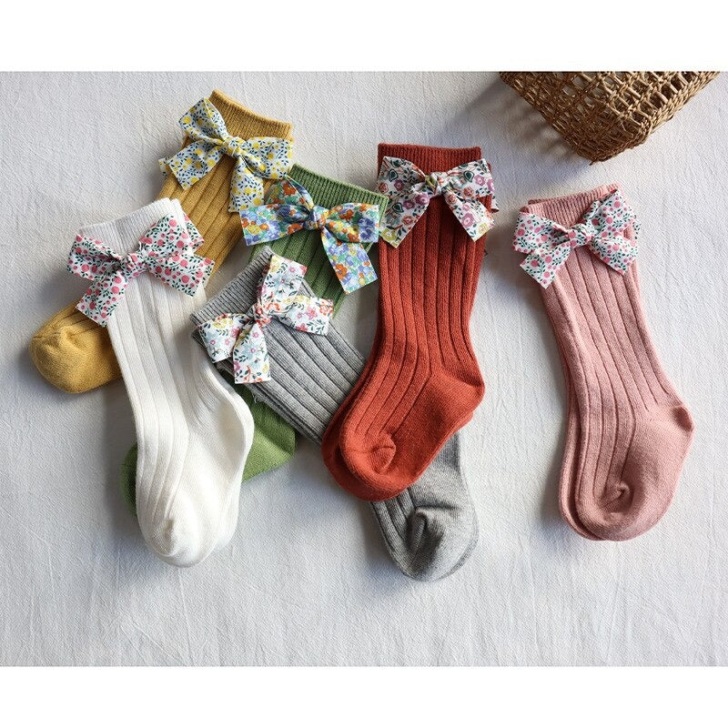 1D Toddlers Girls Socks Flower Bows Knee High Long Soft Cotton Baby Socks Stripped Children Socks Princess Style