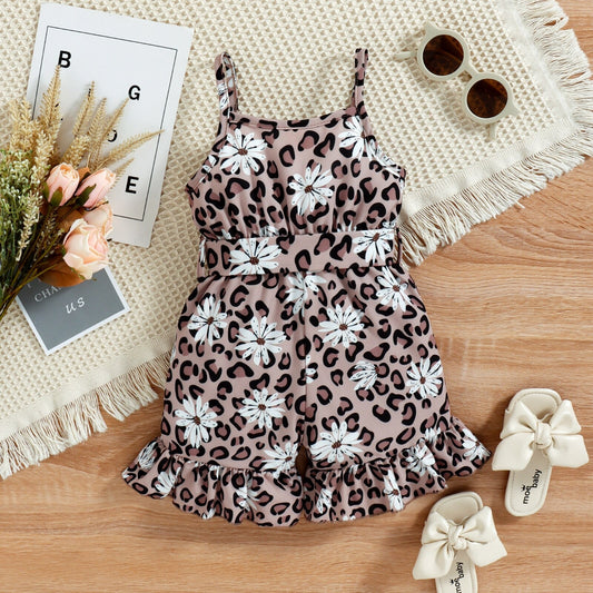 02 High Waist Sleeveless Jumpsuit with Belt Leopard Print Floral Kids Baby Girls Playsuit