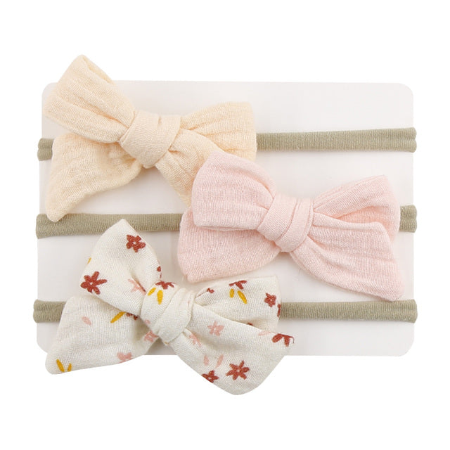 1E 3Pcs/Lot Muslin Cotton Bow Hair Tie Headband Newborn Girl Flower Print Nylon Safety Hairbands Korea Kids Headband