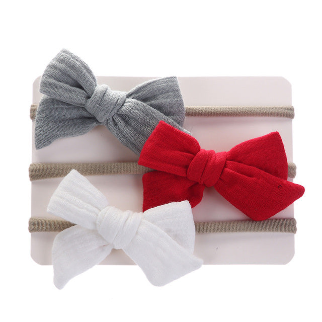 1E 3Pcs/Lot Muslin Cotton Bow Hair Tie Headband Newborn Girl Flower Print Nylon Safety Hairbands Korea Kids Headband