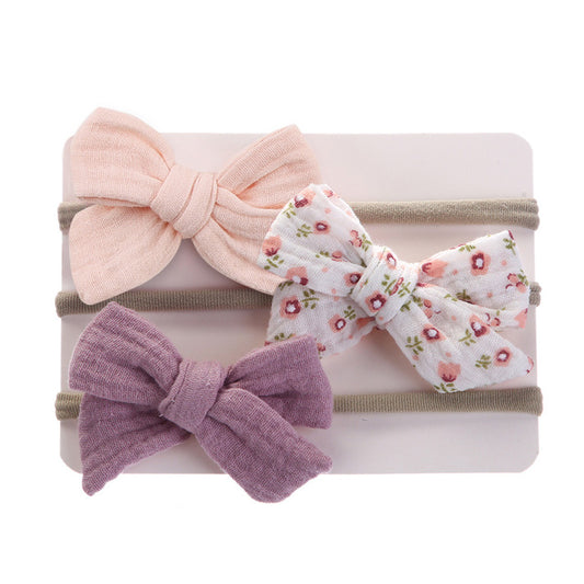 1E 3Pcs/Lot Muslin Cotton Bow Hair Tie Headband Newborn Girl Flower Print Nylon Safety Hairbands Korea Kids Headband