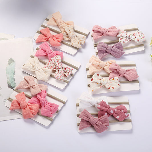 1E 3Pcs/Lot Muslin Cotton Bow Hair Tie Headband Newborn Girl Flower Print Nylon Safety Hairbands Korea Kids Headband