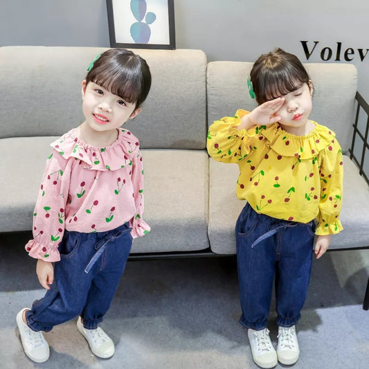 1C Korean style cute kids girls clothes tops + jeans two pieces baby clothes set