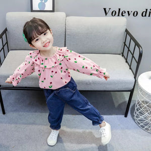 1C Korean style cute kids girls clothes tops + jeans two pieces baby clothes set