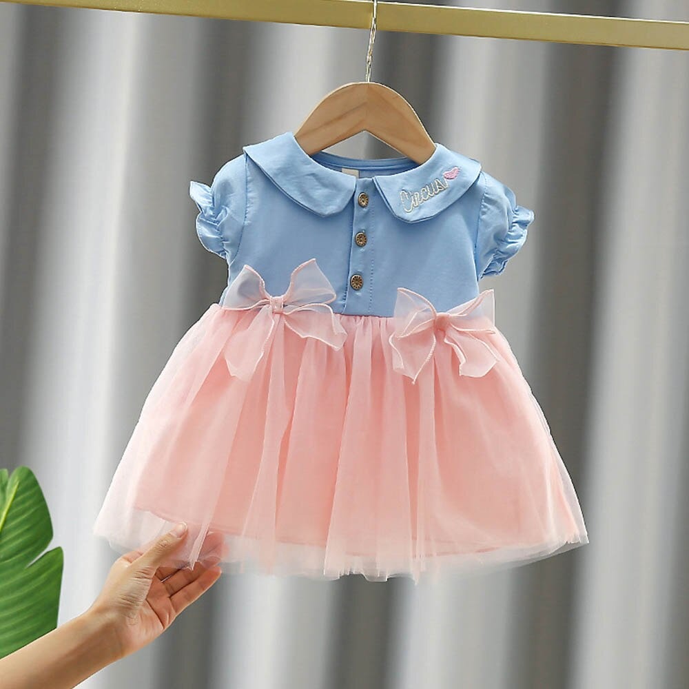 1C New Summer Baby Girls Dresses Casual Cute Denim Skirt Princess Tutu Bowknot Mesh Kids Dresses 1-4 Years Old