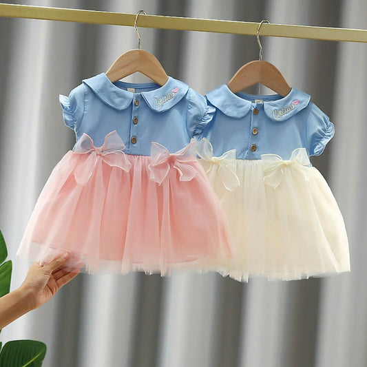 1C New Summer Baby Girls Dresses Casual Cute Denim Skirt Princess Tutu Bowknot Mesh Kids Dresses 1-4 Years Old