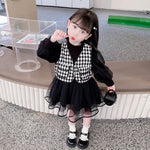 1C New Autumn Baby Girl Dress Plaid Vest Gauze Skirt Korean Version