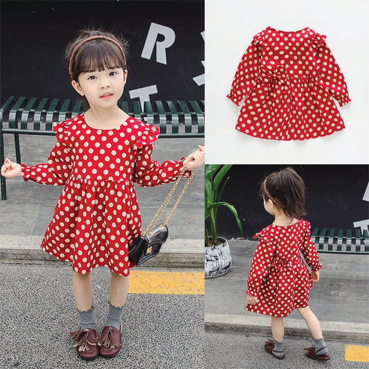 1C Short Dress For Girls Elegant Princess Clothes Long Sleeve Mini Polka Dots For Kids Fall