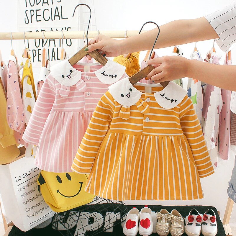 2023A Children's Korean dress autumn new girl's clothing long-sleeved striped skirt little girl spring and autumn baby skirt