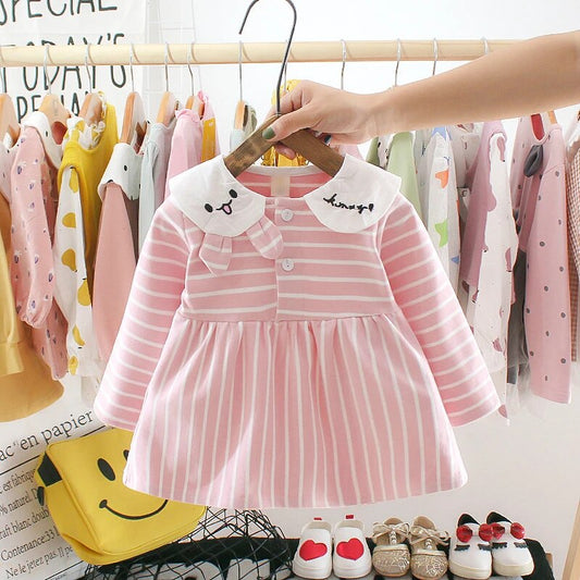 2023A Children's Korean dress autumn new girl's clothing long-sleeved striped skirt little girl spring and autumn baby skirt