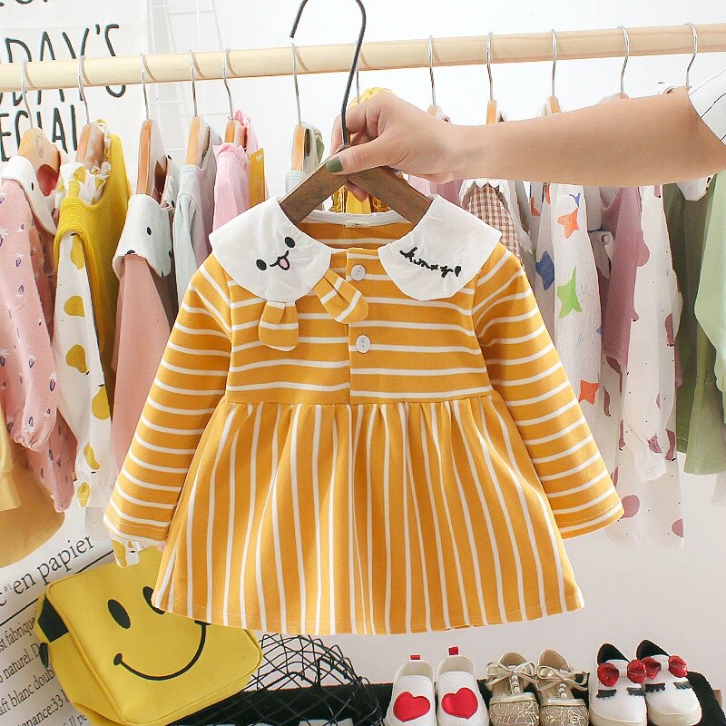 2023A Children's Korean dress autumn new girl's clothing long-sleeved striped skirt little girl spring and autumn baby skirt
