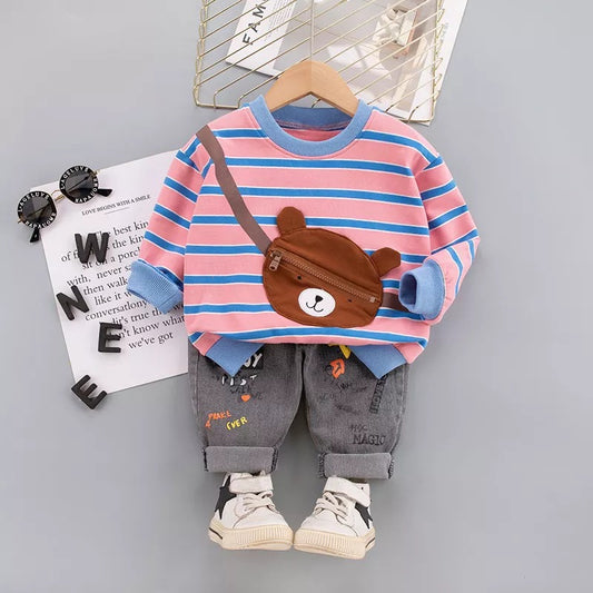 1C Winter new children's clothing children's round neck striped T-shirt casual denim pants suit toddler clothes