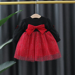 1C Spring dress for girls, princess dress with long sleeves and round neck, with bow