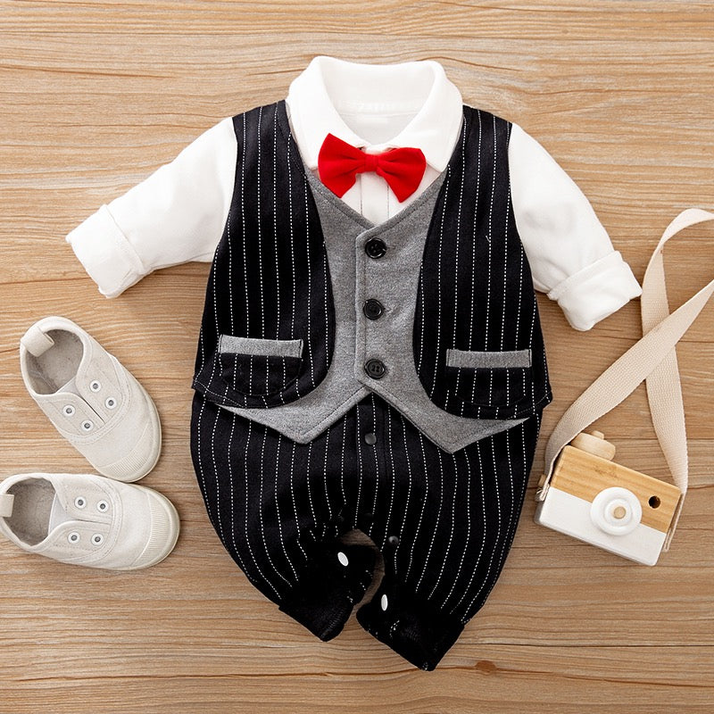 1B baby boy birthday wedding clothes, tie, striped vest, baby romper, nice gentleman jumpsuit, kids clothes