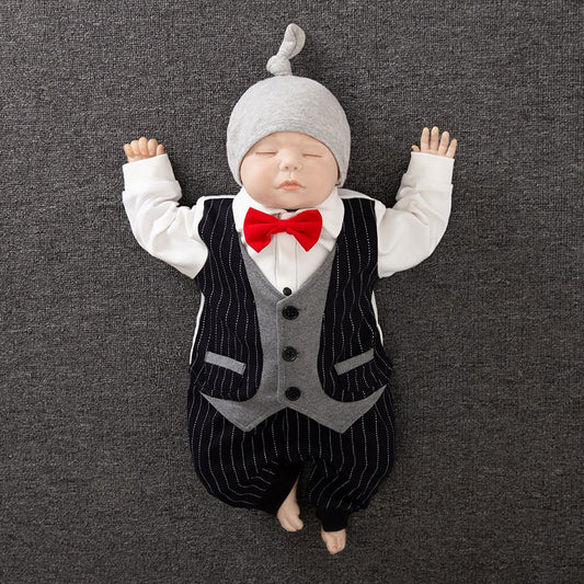 1B baby boy birthday wedding clothes, tie, striped vest, baby romper, nice gentleman jumpsuit, kids clothes