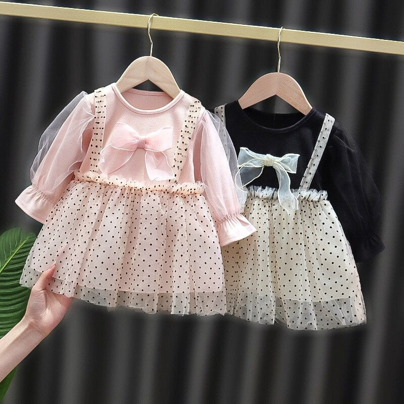 1C Autumn Baby Girls Dress Princess Polka Dot Bowknot Dress Newborn Alien Flavor Dress