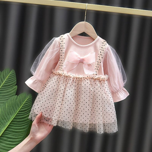 1C Autumn Baby Girls Dress Princess Polka Dot Bowknot Dress Newborn Alien Flavor Dress