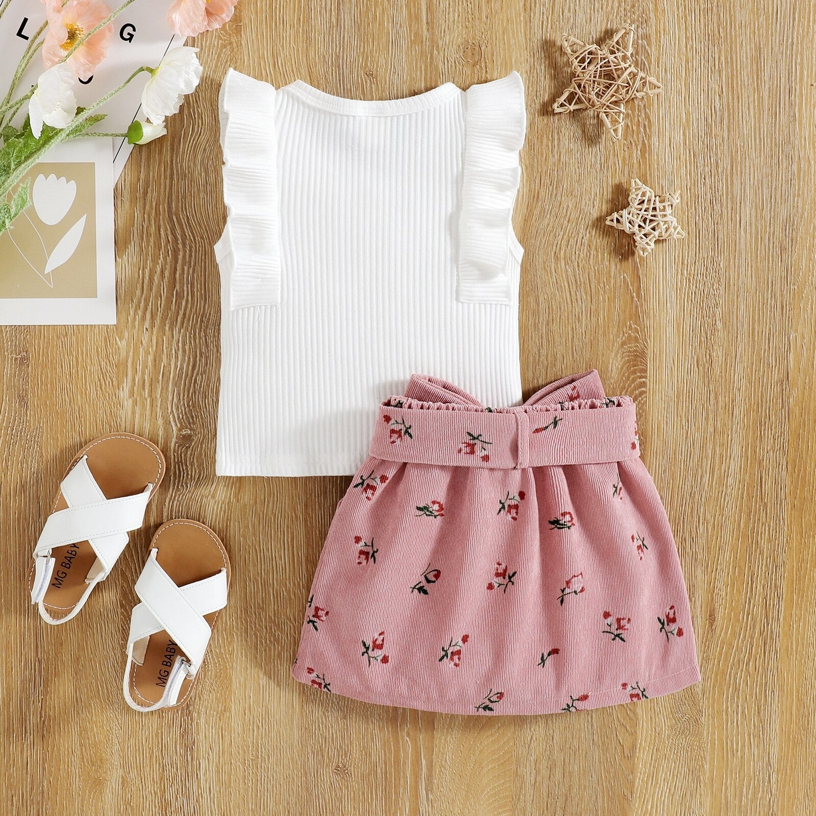 1B Baby Girls 2 Piece Skirt Set, Round Neck Sleeveless Ruffle Shirt, Floral Waist Belt Short Skirt, Toddler Summer Outfits