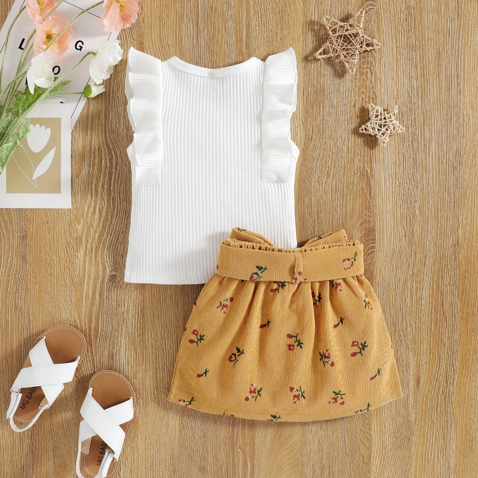 1B Baby Girls 2 Piece Skirt Set, Round Neck Sleeveless Ruffle Shirt, Floral Waist Belt Short Skirt, Toddler Summer Outfits
