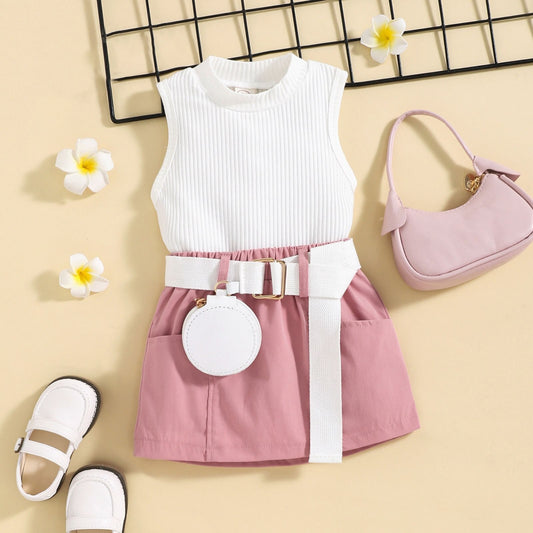 03 Kids Girls Summer Skirt Solid Color Sleeveless Tank Tops Casual Pockets Mini Skirt and Fanny Pack Set