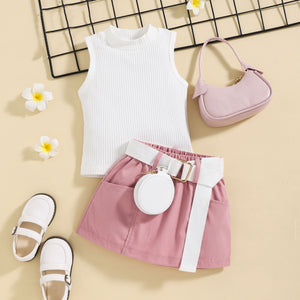 03 Kids Girls Summer Skirt Solid Color Sleeveless Tank Tops Casual Pockets Mini Skirt and Fanny Pack Set
