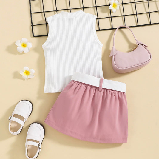 03 Kids Girls Summer Skirt Solid Color Sleeveless Tank Tops Casual Pockets Mini Skirt and Fanny Pack Set