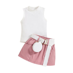 03 Kids Girls Summer Skirt Solid Color Sleeveless Tank Tops Casual Pockets Mini Skirt and Fanny Pack Set