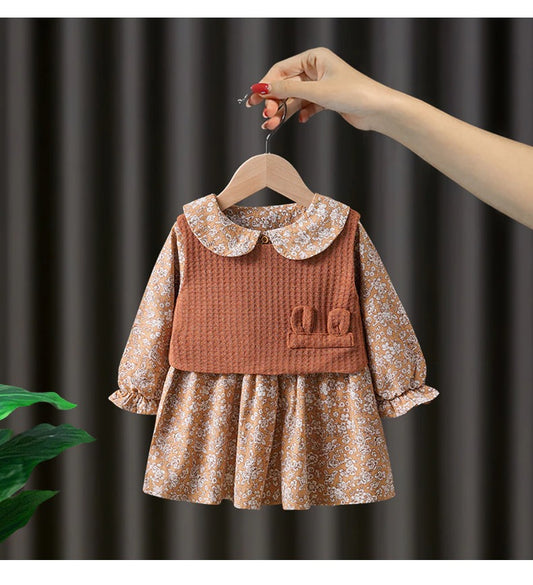 1C Girls skirt and sweater set, woolen two-piece set, long sleeves, knitted clothes for 1-5 years old children