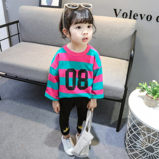 1C children's clothing set, fashion, digital printing, striped, sweatshirt, coat, T-shirt + leggings, quality clothes