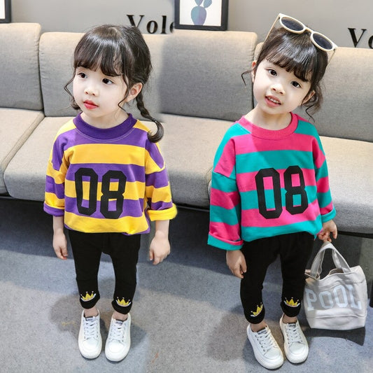 1C children's clothing set, fashion, digital printing, striped, sweatshirt, coat, T-shirt + leggings, quality clothes