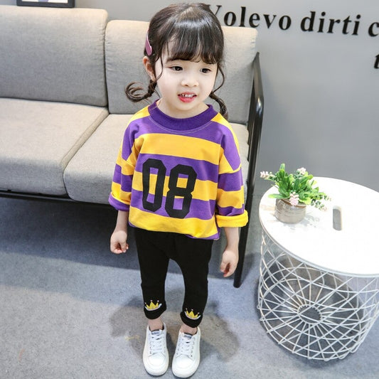 1C children's clothing set, fashion, digital printing, striped, sweatshirt, coat, T-shirt + leggings, quality clothes