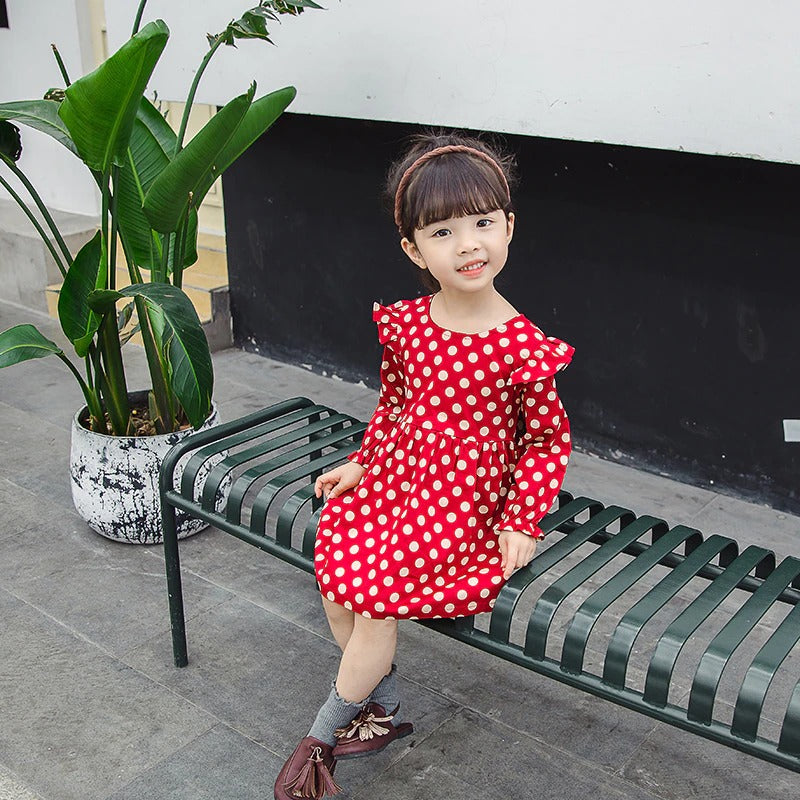 1C Short Dress For Girls Elegant Princess Clothes Long Sleeve Mini Polka Dots For Kids Fall