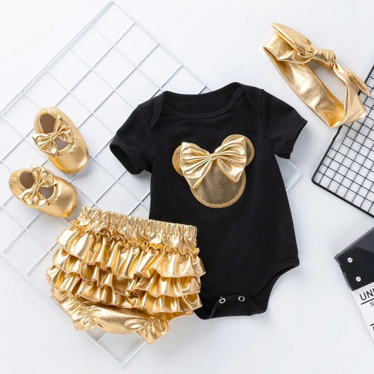 1G Golden 4pcs Set Baby Girl Clothing Sets Newborn Girls Romper + PP Pants + Headband + Shoes Kids Clothes  New Baby Costumes