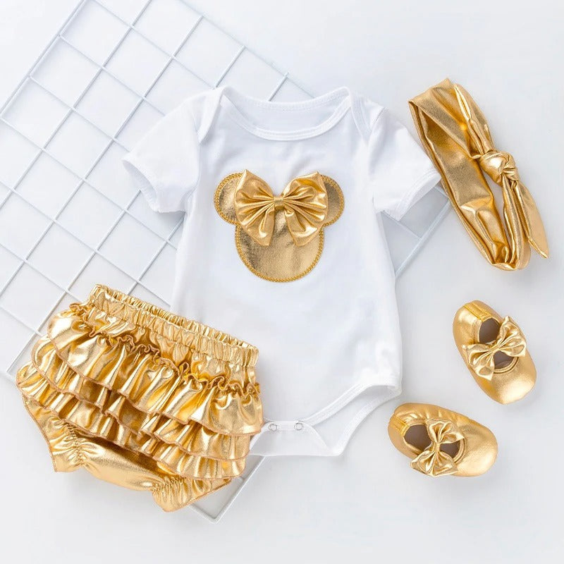 1G Golden 4pcs Set Baby Girl Clothing Sets Newborn Girls Romper + PP Pants + Headband + Shoes Kids Clothes  New Baby Costumes