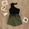 01 New Fashion Girls Three Piece Outfits Sleeveless Hollow Out Vest Off Shoulder Side Pockets Short Pants+Decorative Belt