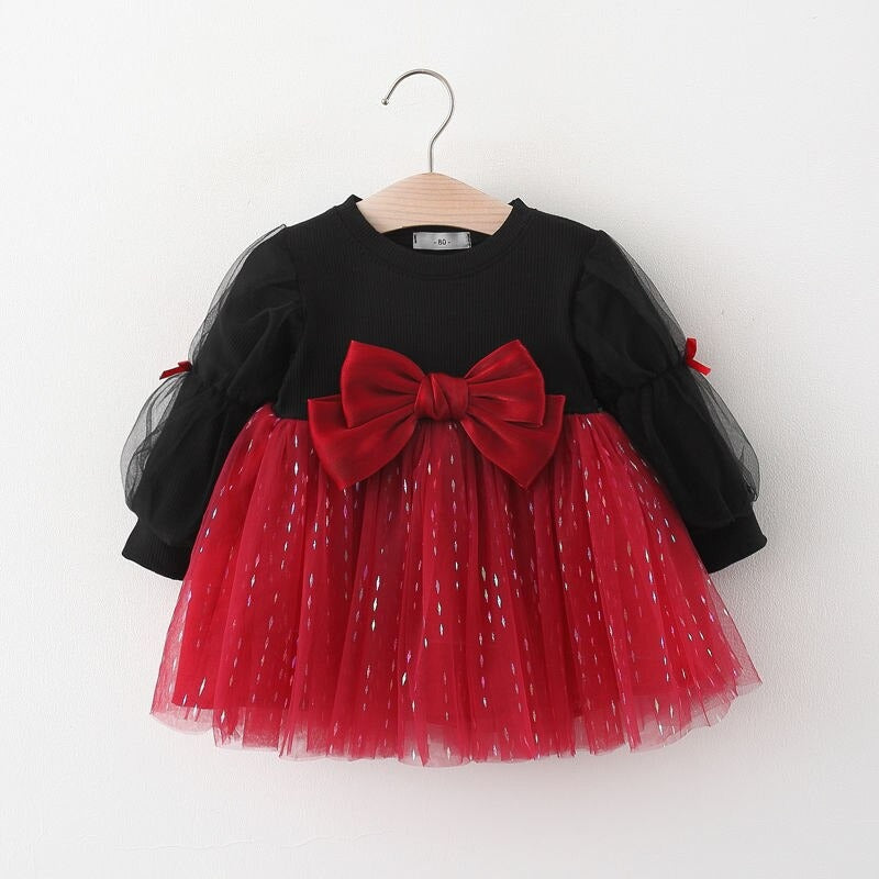 1C Spring dress for girls, princess dress with long sleeves and round neck, with bow