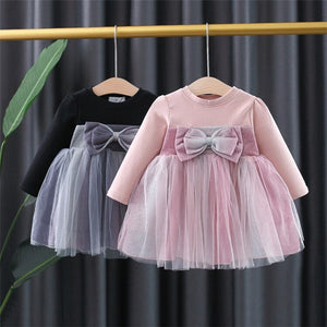 1C Baby Girls Long Sleeve Princess Dress Autumn Winter Tutu Clothes Bowknot Sparkly Mesh Tulle Party Dress