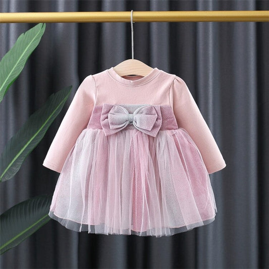 1C Baby Girls Long Sleeve Princess Dress Autumn Winter Tutu Clothes Bowknot Sparkly Mesh Tulle Party Dress