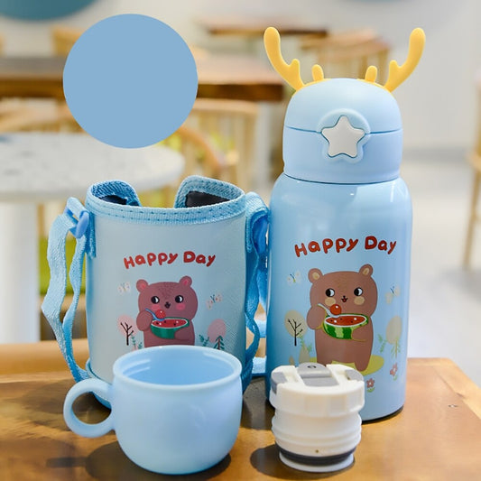 Cartoon Children's Insulated Water Cup Portable with Straw Strap Antler Cover Cute Insulated Water Bottle Children Cup 500ML