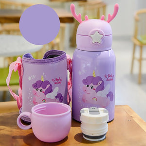 Cartoon Children's Insulated Water Cup Portable with Straw Strap Antler Cover Cute Insulated Water Bottle Children Cup 500ML