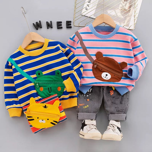 1C Winter new children's clothing children's round neck striped T-shirt casual denim pants suit toddler clothes