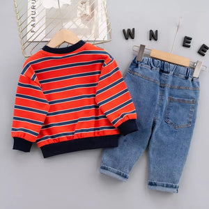 1C Winter new children's clothing children's round neck striped T-shirt casual denim pants suit toddler clothes
